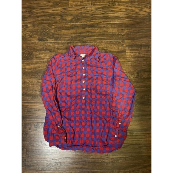 J Crew Women's Red Blue Gingham Fit 1/4 Button Up Popover Shirt Size S - Picture 1 of 4